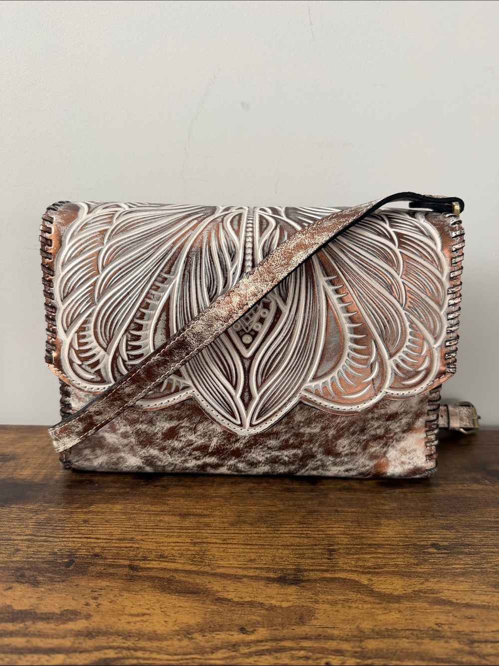 Patricia Nash Sarola Tooled Leather Metallic Bronze Whipstitch Crossbody